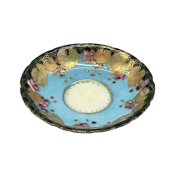 plate saucer black rim gold leaves pink flowers blue center 5" glass emboss READ - Picture 1 of 3